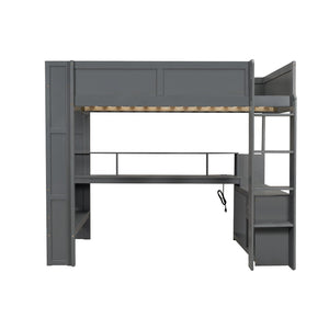English Elm Wood Full Size Loft Bed with Built-in Desk Led Lighting and Charging Station SM000374AAE-1