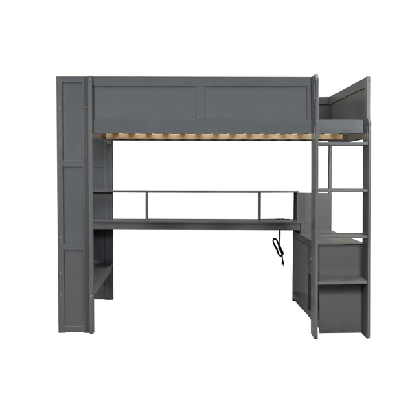 English Elm Wood Full Size Loft Bed with Built-in Desk Led Lighting and Charging Station SM000374AAE-1