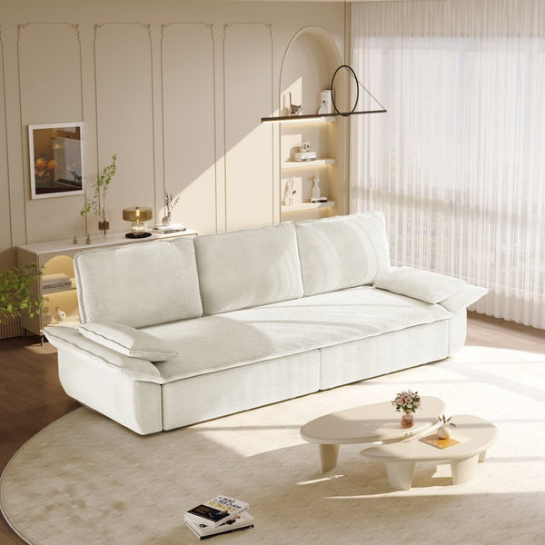 English Elm 94.5" King Convertible Sleeper Sofa Corduroy Upholstered Chaise Lounge Guest Room Bed White W1885S00403