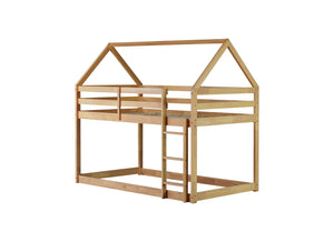 English Elm Twin Rubber Wood Floor Bunk Bed House-Shaped Design with Ladder Guardrails Sturdy Low-Profile Retreat White+Oak W504P206866