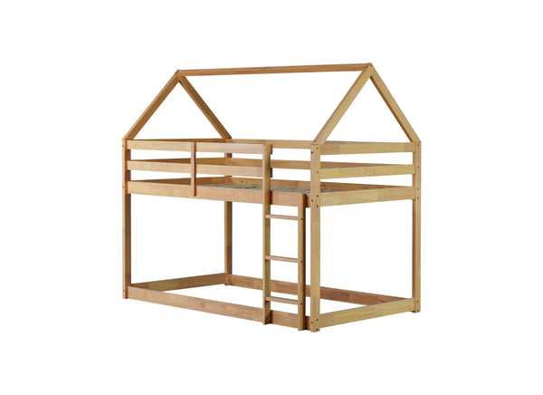 English Elm Twin Rubber Wood Floor Bunk Bed House-Shaped Design with Ladder Guardrails Sturdy Low-Profile Retreat White+Oak W504P206866