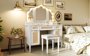 English Elm 44.37 Inch Hollywood Led Vanity Desk Tri-fold Mirror Bamboo Drawers Bedroom White N704P342558K