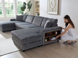 English Elm Convertible U-Shaped Sofa With Storage, Modern Corduroy 4-Seat Lounge For Cozy Living Rooms W1793S00028