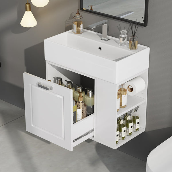 English Elm Christopher Knight Home® - 21.8" Wall-Mounted Bathroom Vanity with Ceramic Sink, Soft-Close Drawer, Adjustable Shelves & Tissue Holder White N759P292550K