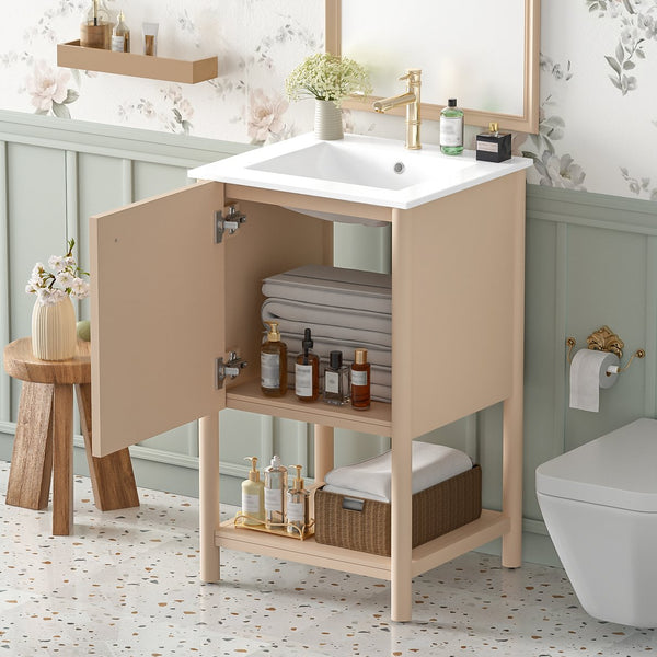 English Elm 20-inch French Style Bathroom Vanity with Integrated Ceramic Sink, Carved Accents & Soft-Close Door Cream White N710P330975Y