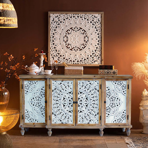 English Elm 4-Door Hollow-Carved Accent Cabinet with Floral Doors, Distressed Natural Wood Storage Cupboard, Adjustable Shelves for Entryway Living Room Dining Room W2295P257039