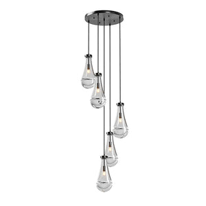 English Elm 5 Light Cluster Pendant with Raindrop Glass & Adjustable Copper Rope, Modern High-Ceiling Chandelier for Living Room, Dining, Stairwell — App-Controlled Black W1340P316384