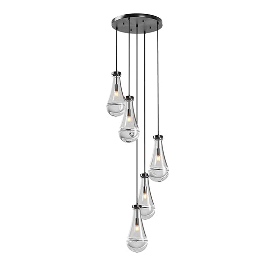 English Elm 5 Light Cluster Pendant with Raindrop Glass & Adjustable Copper Rope, Modern High-Ceiling Chandelier for Living Room, Dining, Stairwell — App-Controlled Black W1340P316384