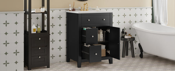 English Elm 24" Modern Bathroom Vanity with Ceramic Basin, French Country Cross-Grid Design & Soft-Close Drawers Black N710P280655B