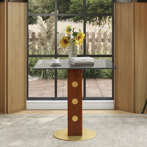 English Elm Modern Square Dining Table – 33.5" Glass Top With Walnut Legs & Gold Base For Small Spaces, 2-Person Use W1535S00581