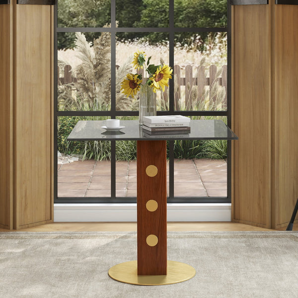 English Elm Modern Square Dining Table – 33.5" Glass Top With Walnut Legs & Gold Base For Small Spaces, 2-Person Use W1535S00581