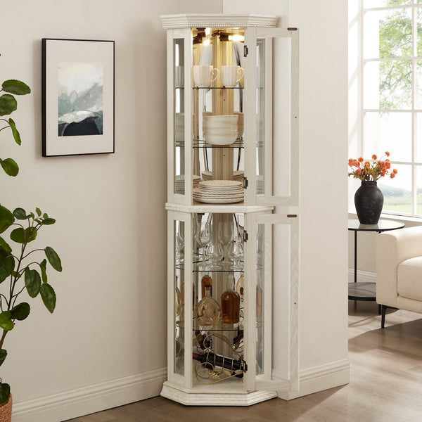 English Elm Lighted Corner Curio Cabinet - Elegant Glass Display With Adjustable Shelves & Bead Bulb Lighting - White W1758P300131