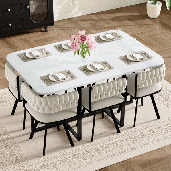 English Elm 7-piece Dining Set Tufted Velvet Chairs Melamine Table Modern Farmhouse Kitchen Beige,White W3875S00117