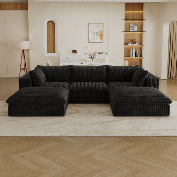 English Elm 118.2" Modular Cloud Sofa Corduroy Upholstered Deep Seat Lounge for Living Room Black W2824S00182