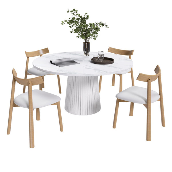 English Elm Retractable Rock Slab Dining Set with Leather Wrapped Base for Compact Apartments White W2700S00127