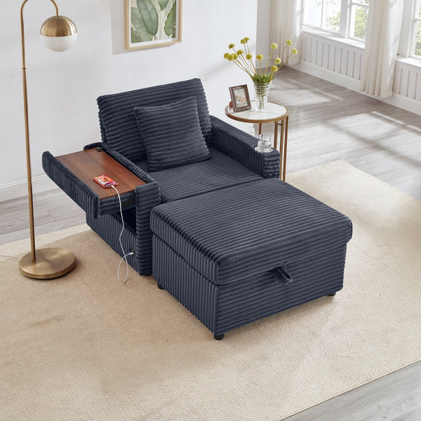 English Elm Comfortable Fluffy Corduroy Lazy Sofa with Storage Ottoman, Convertible Arm Table and USB Charging Dark Gray W3705P349930