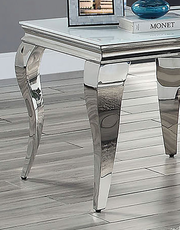 English Elm Glam Stainless Steel Coffee Table with Beveled Tempered Glass Top and Elegant Cabriole-Style Legs Silver,White 28 L x 28 W x 4 H B011S01177