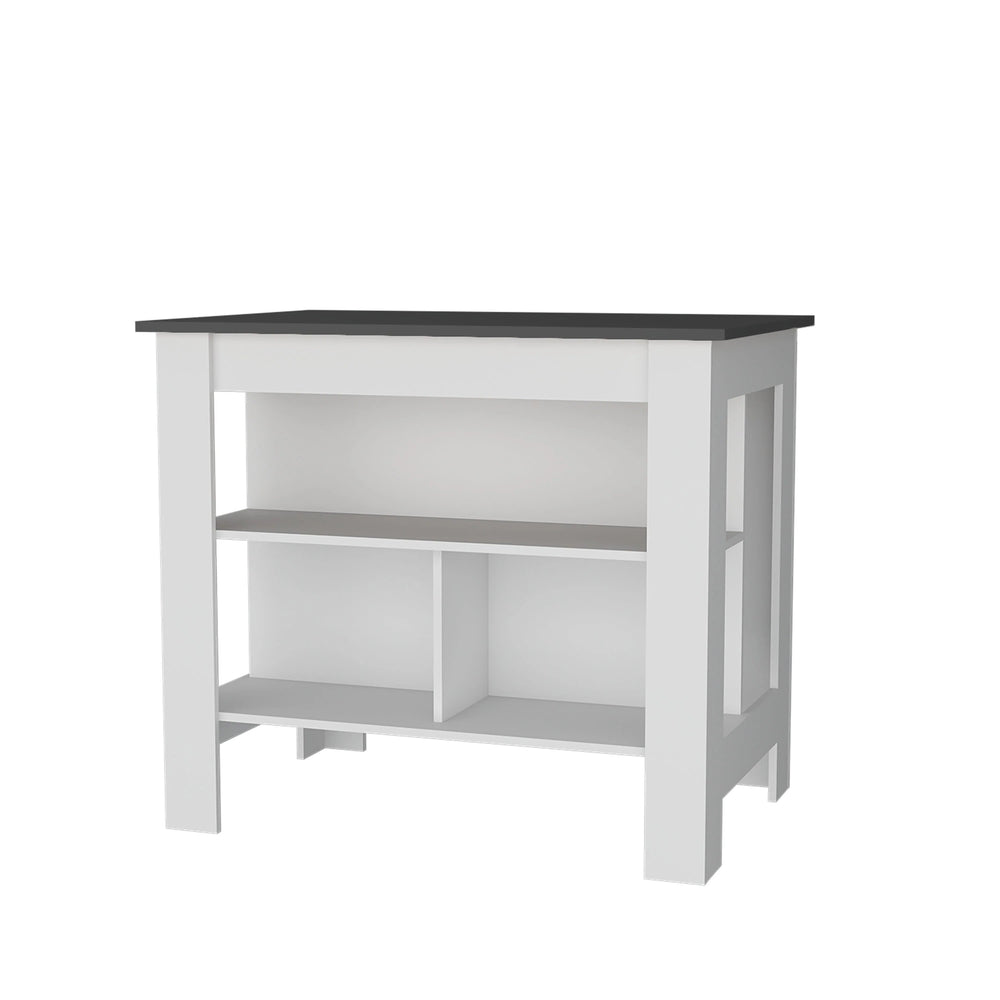 English Elm Gray Kitchen Island with Open Shelves and Gray-White Finish — Stylish Storage, Organized Counterspace for Modern Kitchens B062P252195