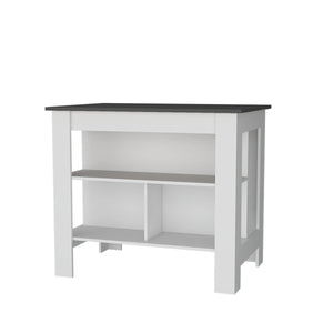 English Elm Gray Kitchen Island with Open Shelves and Gray-White Finish — Stylish Storage, Organized Counterspace for Modern Kitchens B062P252195