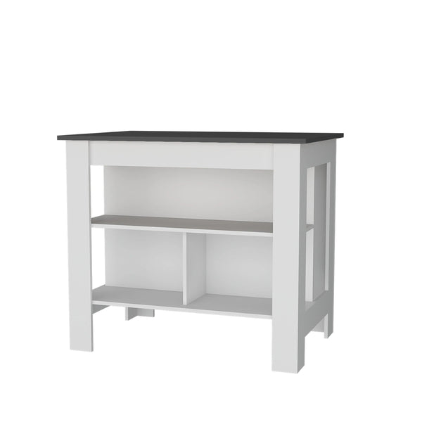 English Elm Gray Kitchen Island with Open Shelves and Gray-White Finish — Stylish Storage, Organized Counterspace for Modern Kitchens B062P252195