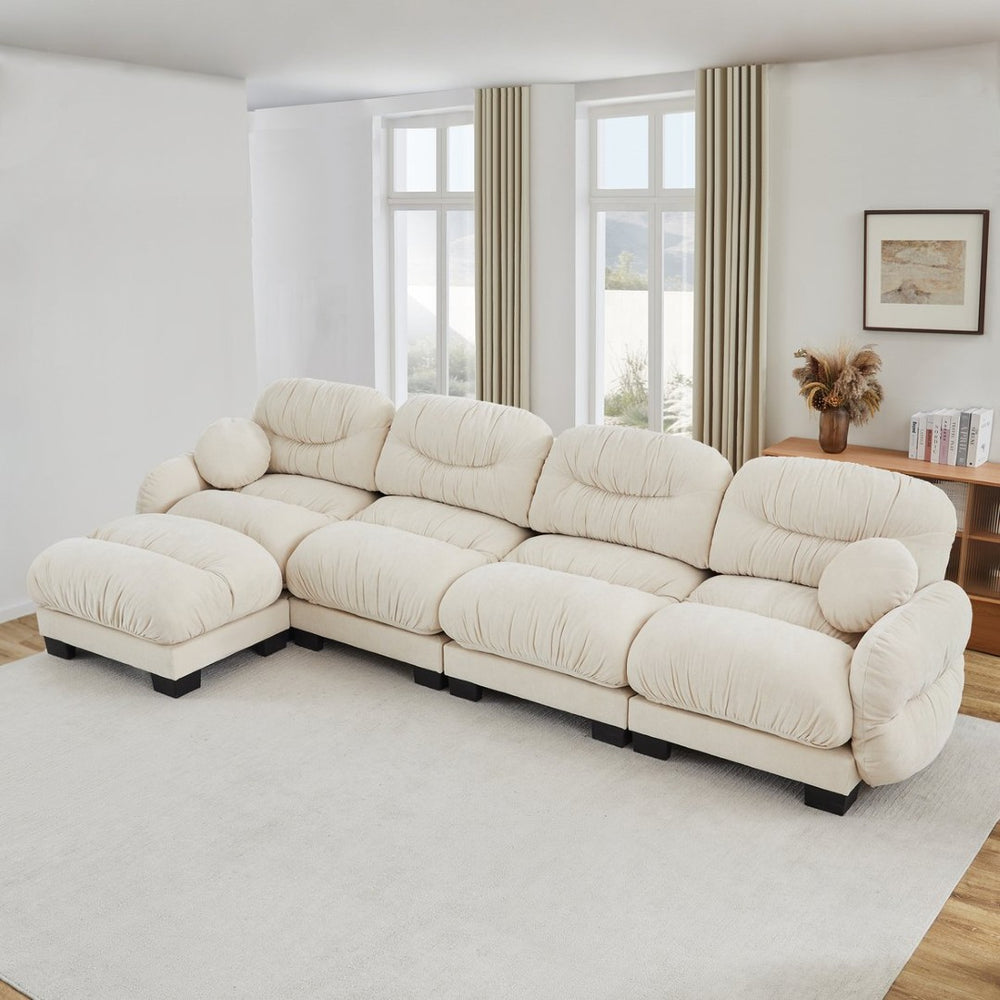 English Elm Pleated Chenille Sectional Sofa with Ottoman Ergonomic Foam Curved Armrests Living Room Beige W5656S00044