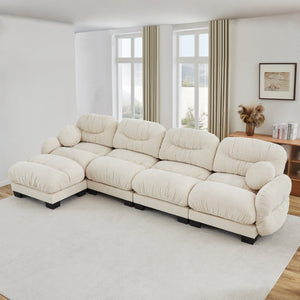 English Elm Pleated Chenille Sectional Sofa with Ottoman Ergonomic Foam Curved Armrests Living Room Beige W5656S00044