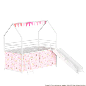 English Elm Jack Twin Loft Bed with Slide, Curtains, Guardrails & Pennant Banner — Safe, Quiet Assembly, Kids' Decor B083P361166