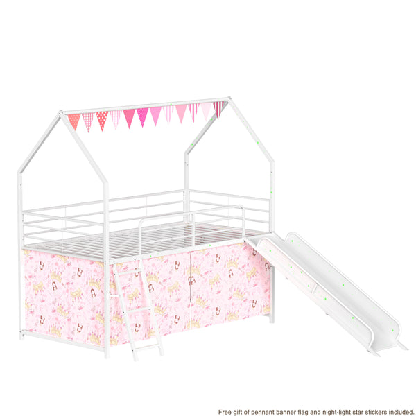 English Elm Jack Twin Loft Bed with Slide, Curtains, Guardrails & Pennant Banner — Safe, Quiet Assembly, Kids' Decor B083P361166