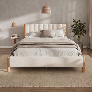 English Elm Christopher Knight Home® - Queen Boucle Upholstered Bed Frame with Thick Vertical Headboard, Solid Rubberwood Legs, White N757Q256985K