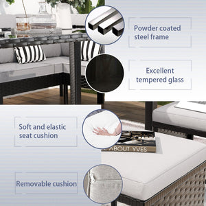 English Elm Small Patio Pe Rattan 7 Piece Outdoor Set with Tempered Glass Table and Cushioned Seating W2071P365907