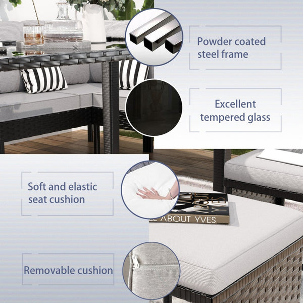 English Elm Small Patio Pe Rattan 7 Piece Outdoor Set with Tempered Glass Table and Cushioned Seating W2071P365907