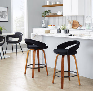 English Elm Fixed-height Swivel Counterstools Mahogany Wood Chrome Footrest Velvet Seat Set of 2 Black B202S01777