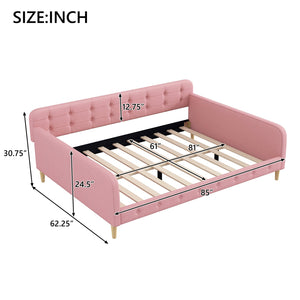 English Elm Queen Upholstered Daybed with Tufted High Sideboard, Linen Finish, Solid Wood Frame, 800lb Capacity Pink N7500001850H