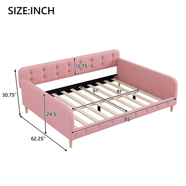 English Elm Queen Upholstered Daybed with Tufted High Sideboard, Linen Finish, Solid Wood Frame, 800lb Capacity Pink N7500001850H