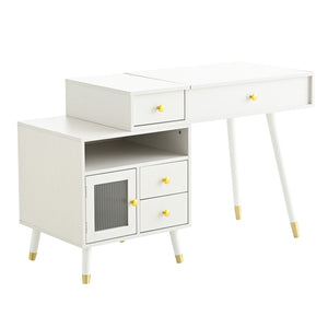 English Elm 3-in-1 Vanity Desk with LED Flip Mirror, Compact Makeup/Dressing Table with Storage Drawers & Stool White N844P291656A