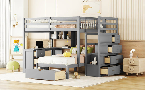 English Elm Full Over Twin Bunk Bed with Staircase Drawers Desk and Shelves in Gray Gray LT001605AAE-2