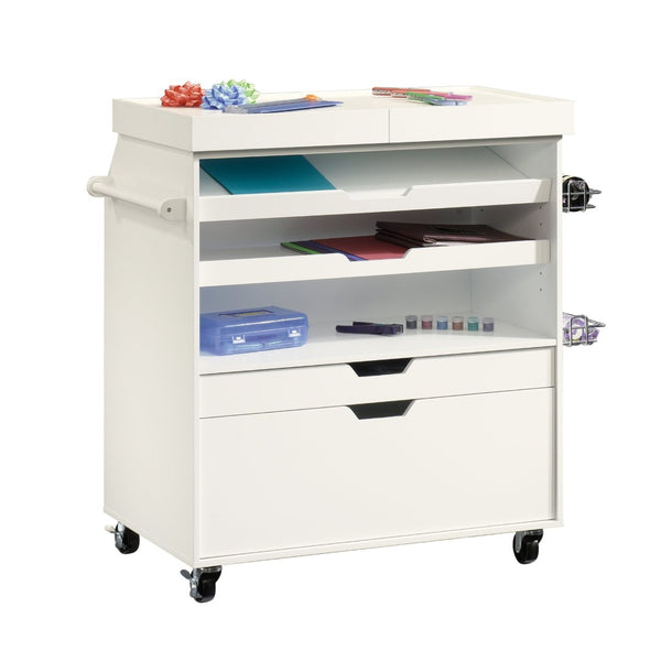 English Elm Traditional White Craft Cart with Slide Out Worktop Drawers and Rolling Storage B356P402721