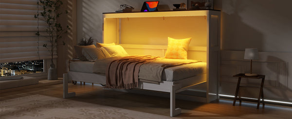 English Elm Twin Size Murphy Bed With Led Light – Stylish Space-Saving Wall Bed In White & Brown Cabinet Design N7090004013K-GIGA