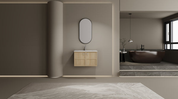 English Elm 30" Oak Wall-Mounted Bathroom Vanity with Ceramic Sink, 2 Soft-Closing Doors, Plywood Build, Space-Saving Design W1972S00022