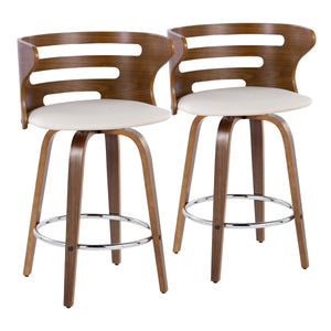 English Elm Cosini Mid-Century 26" Fixed-Height Swivel Barstools Set of 2 — Walnut Legs, Cream Faux Leather, Chrome Footrest B202S00206