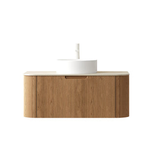 English Elm Dina Floating Bathroom Vanity Sintered Stone Top Glass Basin Striped Plywood Cabinet W2615S00341