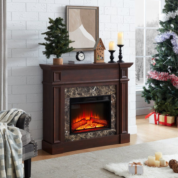 English Elm Electric Fireplace Mantel with Stacked Stone Surround Led Flame and Remote Heater Cherry W2275S00046