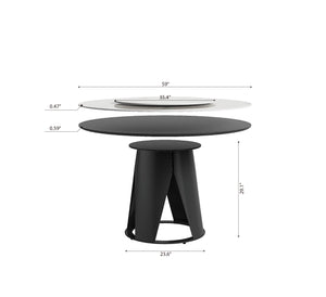 English Elm 59''Modern Sintered stone dining table with 35.4" turntable, white slate finish, metal pedestal, seats 6-8 robust and scratch-resistant elegance W509S00112