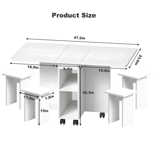 English Elm Folding Drop Leaf Dining Table Set for 4 with Storage, 4 Chairs, Foldable Space-Saving MDF Table W3101P346287