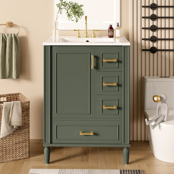 English Elm 24" Olive Bathroom Vanity Solid Wood Frame Ceramic Sink Gold Hardware Soft Close Olive Green N729P373272F