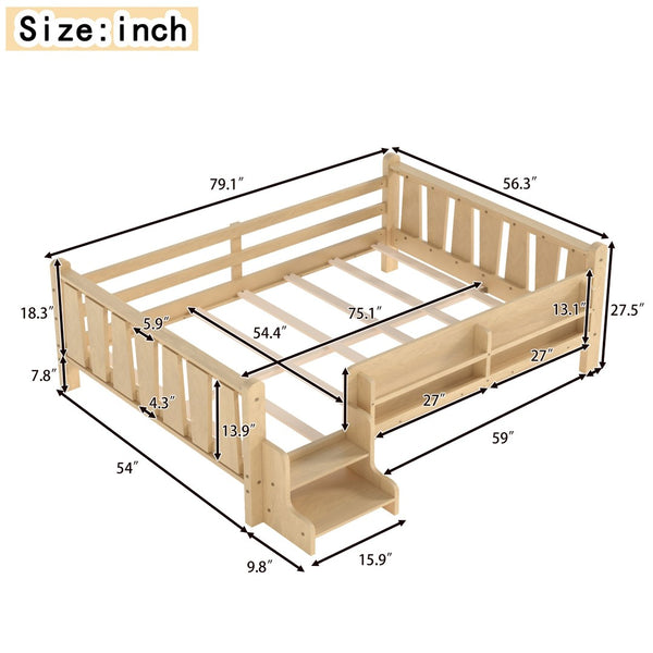 English Elm Twin Pine Floor Bed with Guardrails Built-in Bookcases and Stair Steps for Kids W1580P430186
