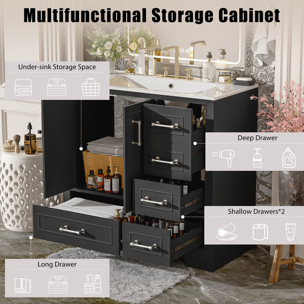 English Elm 36" Traditional Bathroom Vanity with Ceramic Sink, Solid Wood Cabinet, Soft-Close Doors & Drawers Black N729P251630B