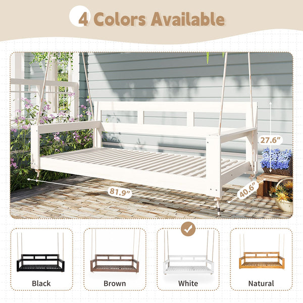 English Elm TOPMAX Acacia Wood Twin Porch Swing Bed Frame with High Back, 350lb Capacity & 118" Hemp Ropes White N717P265795K