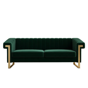 English Elm FX-P81-RG2 Black Velvet Chesterfield Sofa with Gold L Legs, Channel Tufted 3-Seater for Glam Rooms W576S00089