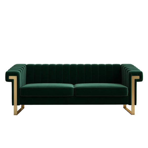 English Elm FX-P81-RG2 Black Velvet Chesterfield Sofa with Gold L Legs, Channel Tufted 3-Seater for Glam Rooms W576S00089